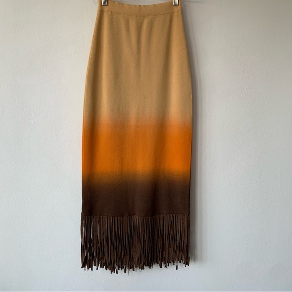 Sandro Aldira Fringe Dip Dye Ombré Festival Midi Column Skirt Brown Tan Orange - Picture 7 of 9